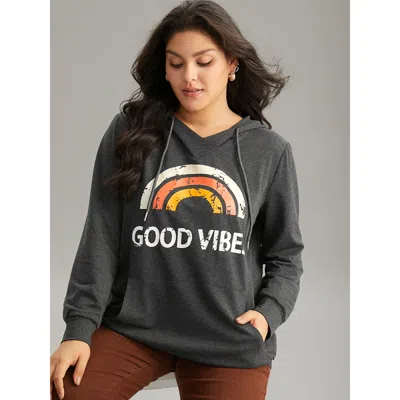Bloomchic Women's Plus Size Rainbow Print Kangaroo Pocket Hooded Sweatshirt Dimgray Art&design Everyday 10/m