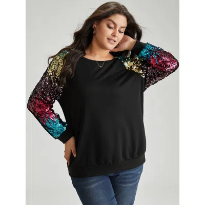 Bloomchic Women's Plus Size Rainbow Sequin Patchwork Raglan Sleeve Sweatshirt Black Galaxy Party 10/m