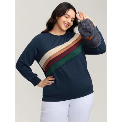 Bloomchic Women's Plus Size Rainbow Stripe Pleated Texture Sweatshirt Darkblue Casual 10/m In Blue