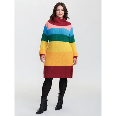 Bloomchic Women's Plus Size Rainbow Stripe Turtleneck Midi Sweater Dress Multicolor Geometric Short Colorblock