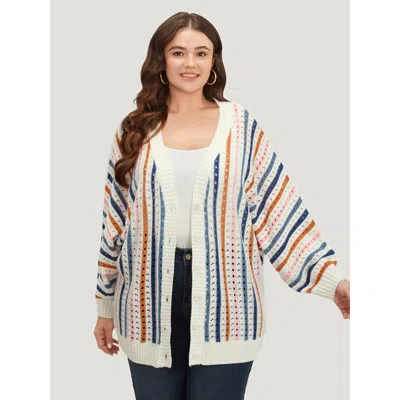 Bloomchic Women's Plus Size Rainbow Striped Button Through Eyelet Cardigan Multicolor Long Sleeve 12/l
