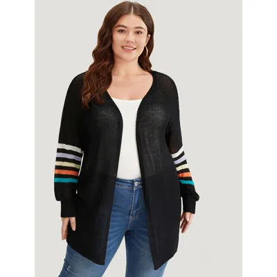 Bloomchic Women's Plus Size Rainbow Striped Open Front Drop Shoulder Cardigan Black Long Sleeve 14-16/1x