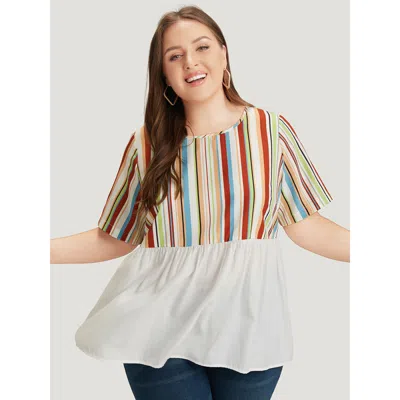 Bloomchic Women's Plus Size Rainbow Striped Patchwork Gathered Blouse Multicolor Dailywear Short Sleeve 14-16/