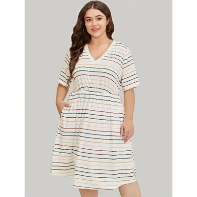 Bloomchic Women's Plus Size Rainbow Striped V Neck Pocket Contrast Midi Dress Black Dailywear Lined 10/m
