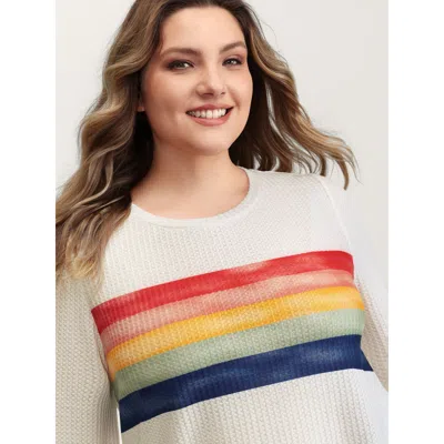 Bloomchic Women's Plus Size Rainbow Stripes Textured T-shirt Ivory Geometric Casual Long Sleeve 12/l In White
