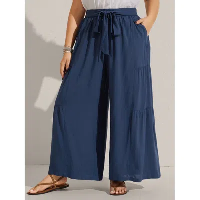 Bloomchic Women's Plus Size Rayon Belted Solid Wide-leg Pants Indigo Solid Wide Leg Mid Rise Vacation 10/m In Purple