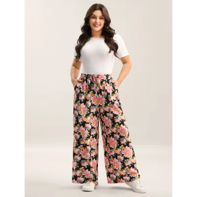 Bloomchic Women's Plus Size Rayon Blushing Floral Print Wide-leg Pants Blackflower Floral Wide Leg Mid Rise Ca