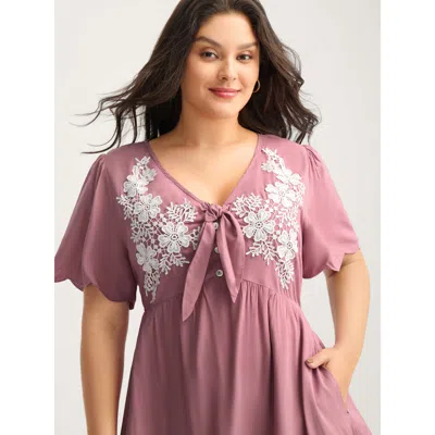 Bloomchic Women's Plus Size Rayon Bodice Embroidered Patchwork Knot Midi Dress Dustypink Synthetic Texture Sho In Pink