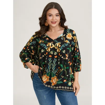 Bloomchic Women's Plus Size Rayon Boho Floral Neck Tie Blouse Black Bohemian Print Vacation 3/4 Sleeve 10/m