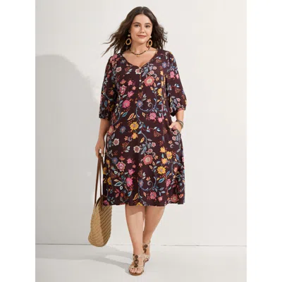 Bloomchic Women's Plus Size Rayon Boho Floral Placket Midi Dress Deeppurplered Bohemian Print Knee Vacation Pr