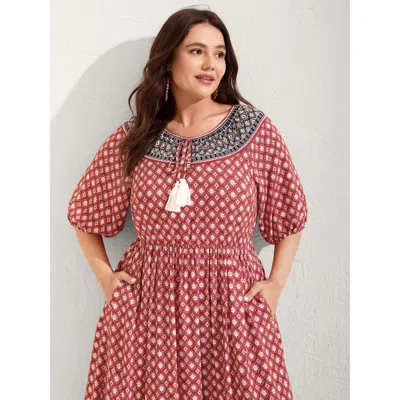 Bloomchic Women's Plus Size Rayon Boho Print Neck Tie Midi Dress Crimson Bohemian Print Maxi Vacation 12/l In Red