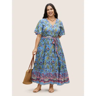 Bloomchic Women's Plus Size Rayon Boho Print Overlap Collar Dress Mediumblue Bohemian Print Maxi Vacation Belt