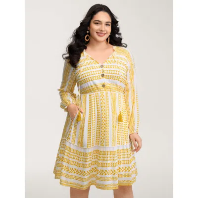 Bloomchic Women's Plus Size Rayon Boho Stripe Button Placket Midi Dress Multicolor Bohemian Print Knee Vacatio