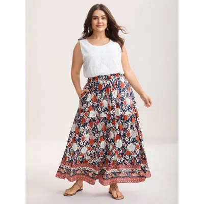 Bloomchic Women's Plus Size Rayon Breezy Floral Print Tiered Back Maxi Skirt Rust Non A-line Vacation 10/m In Brown