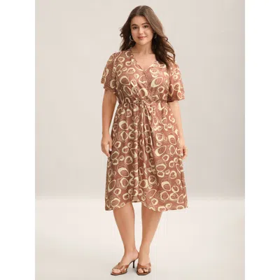 Bloomchic Women's Plus Size Rayon Bubble Print Stretchy Waist Pockets Midi Dress Dustypink Geometric Short Off In Pink