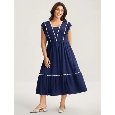 Bloomchic Women's Plus Size Rayon Collar Ribbon Contrast Pockets Midi Dress Indigo Non Midi Casual 30/6x In Purple