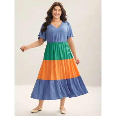 Bloomchic Women's Plus Size Rayon Color Block Layered Sleeve Maxi Dress Stone Non Maxi Casual 10/m In Gray