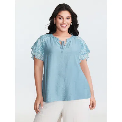 Bloomchic Women's Plus Size Rayon Color Contrast Ruffled Sleeve Blouse Lightblue Non Casual Short Sleeve 10/m In Blue