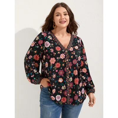 Bloomchic Women's Plus Size Rayon Colorful Button Front Shirt Black Vacation Long Sleeve 10/m