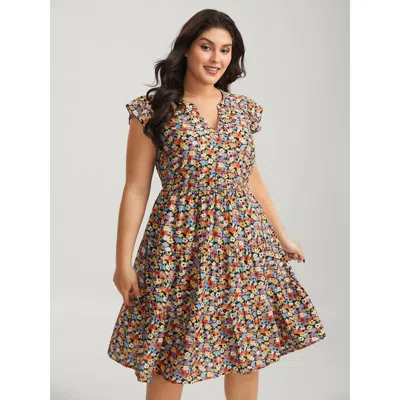 Bloomchic Women's Plus Size Rayon Colorful Floral Print Tiered Pockets Midi Dress Multicolor Ditsy Floral Knee