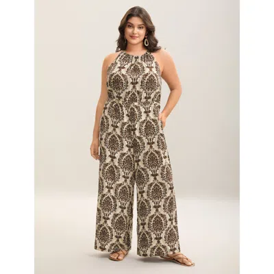 Bloomchic Women's Plus Size Rayon Damask Print Stretchy Waist Jumpsuit Browncoffeecolor Vacation 26/4x