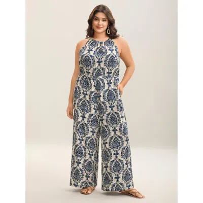 Bloomchic Women's Plus Size Rayon Damask Print Stretchy Waist Jumpsuit Darkblue Vacation 12/l In Blue