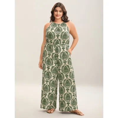 Bloomchic Women's Plus Size Rayon Damask Print Stretchy Waist Jumpsuit Greenbean Vacation 28/5x