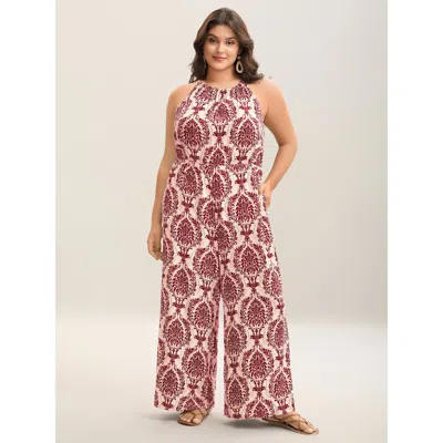 Bloomchic Women's Plus Size Rayon Damask Print Stretchy Waist Jumpsuit Rust Vacation 22-24/3x In Brown
