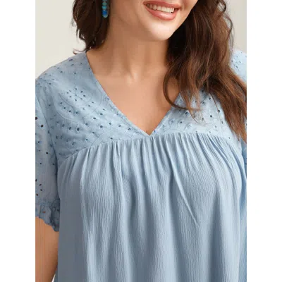 Bloomchic Women's Plus Size Rayon Eyelet Flowy Blouse Lightblue Non Vacation Short Sleeve 10/m In Blue