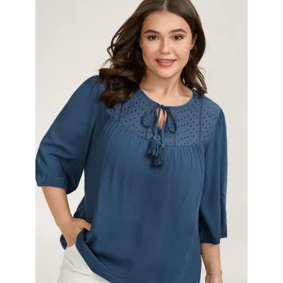 Bloomchic Women's Plus Size Rayon Eyelet Trim Neck-tie Blouse Mediumblue Non Vacation 3/4 Sleeve 14-16/1x