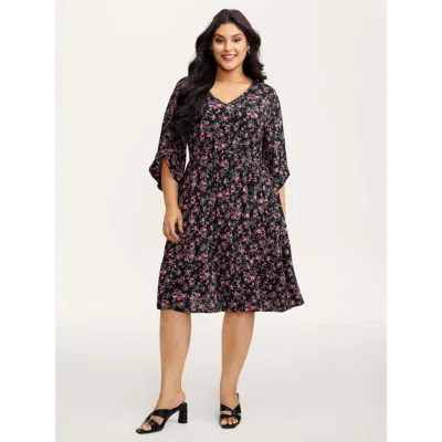Bloomchic Women's Plus Size Rayon Floral Bell Sleeve Pockets Midi Dress Black Ditsy Floral Knee Elegant 28/5x