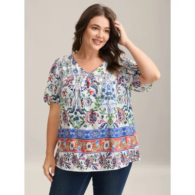 Bloomchic Women's Plus Size Rayon Floral Boho Print Lace Trim Blouse Multicolor Bohemian Print Elegant Short S