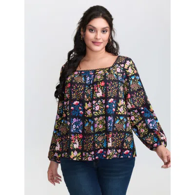 Bloomchic Women's Plus Size Rayon Floral Collage Lace Blouse Blackflower Ditsy Floral Elegant Long Sleeve Squa