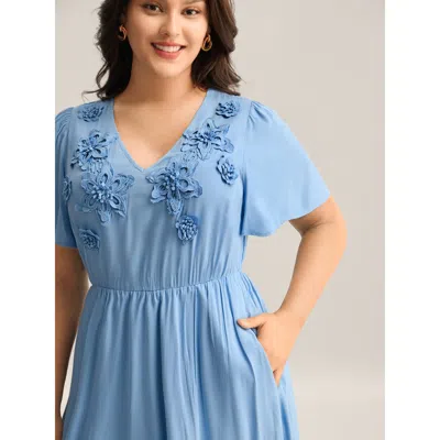 Bloomchic Women's Plus Size Rayon Floral Detail Cinched-waist Midi Dress Skyblue Realistic Floral Midi Elegant In Blue