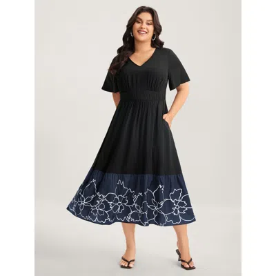 Bloomchic Women's Plus Size Rayon Floral Hem Cinched-waist Midi Dress Black Floral Midi Elegant 22-24/3x