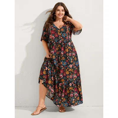Bloomchic Women's Plus Size Rayon Floral Lace Trim Button Maxi Dress Black Vacation Patchwork 10/m