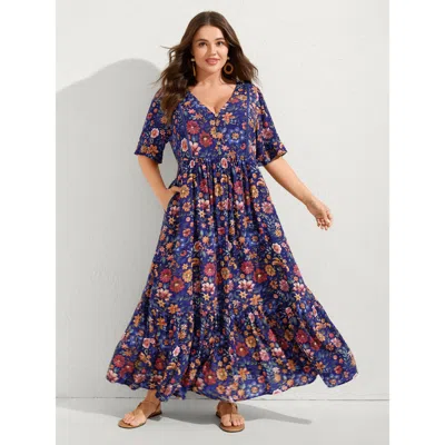Bloomchic Women's Plus Size Rayon Floral Lace Trim Button Maxi Dress Darkblue Vacation Patchwork 22-24/3x In Blue