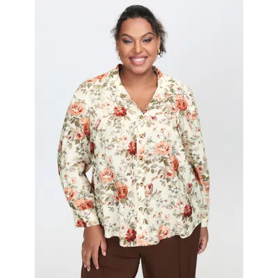 Bloomchic Women's Plus Size Rayon Floral Print Button-down Shirt Ivory Elegant Long Sleeve 22-24/3x In White