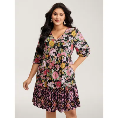 Bloomchic Women's Plus Size Rayon Floral Print Cinched Waist Mini Dress Multicolor Floral Short Elegant 10/m