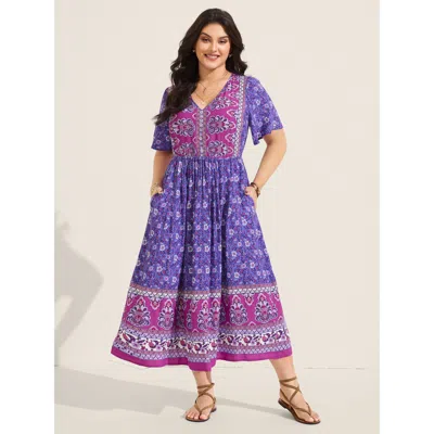Bloomchic Women's Plus Size Rayon Floral Print Color Contrast Midi Dress Blueviolet Ethnic Floral Midi Vacatio