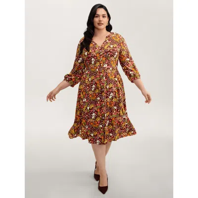 Bloomchic Women's Plus Size Rayon Floral Print Midi Dress Burgundy Floral Midi Elegant Button 22-24/3x