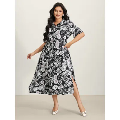 Bloomchic Women's Plus Size Rayon Floral Print Placket Maxi Dress Black Floral Midi Office Button 14-16/1x