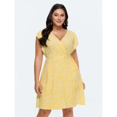 Bloomchic Women's Plus Size Rayon Floral Print Pleated Pockets Mini Dress Lightyellow Ditsy Floral Short Elega