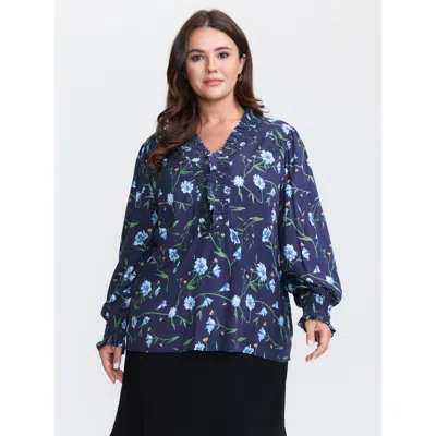 Bloomchic Women's Plus Size Rayon Floral Print Shirred Collar Blouse Mediumblue Floral Elegant Long Sleeve 10/