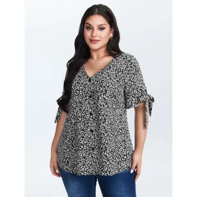 Bloomchic Women's Plus Size Rayon Floral Print Sleeve-tie Blouse Blackflower Ditsy Floral Elegant Short Sleeve
