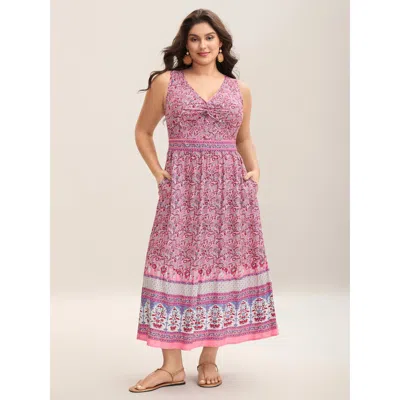 Bloomchic Women's Plus Size Rayon Floral Print Stretchy Waist Midi Dress Dustypink Ethnic Floral Maxi Vacation In Pink