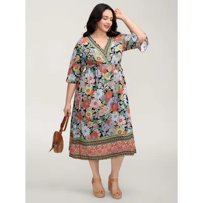 Bloomchic Women's Plus Size Rayon Floral Print V-neck Maxi Dress Multicolor Floral Midi Vacation Ruffles 14-16