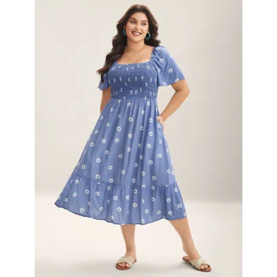 Bloomchic Women's Plus Size Rayon Floral Shirred Midi Dress Mediumblue Floral Midi Vacation Smocked 18-20/2x
