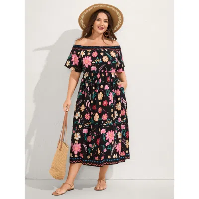 Bloomchic Women's Plus Size Rayon Floral Shirred Off-shoulder Midi Dress Black Floral Maxi Vacation 30/6x