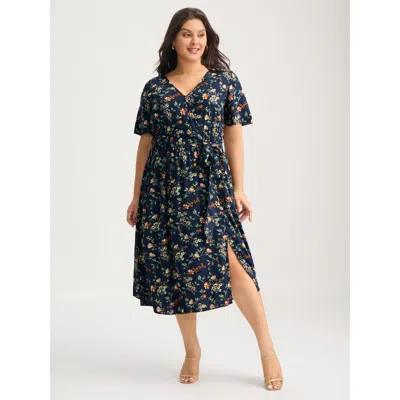 Bloomchic Women's Plus Size Rayon Floral Side-tie Stretchy Midi Dress Indigo Floral Midi Elegant 30/6x In Purple